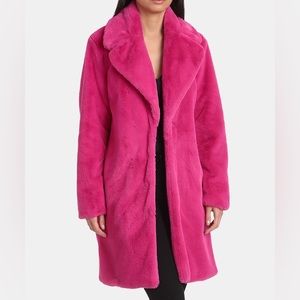 Avec Les Filles Faux Fur Bunny Knee Length Coat Hot Pink